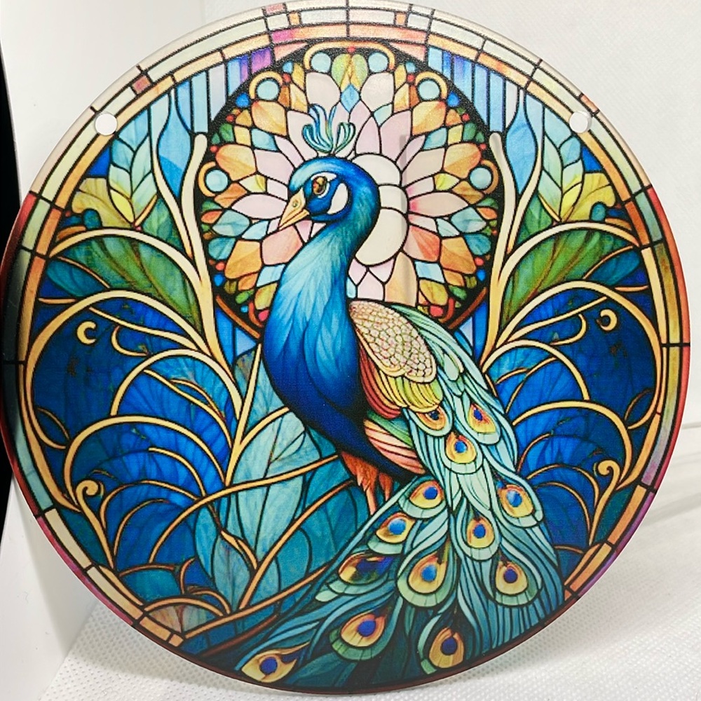 Acrylic Suncatcher Blue Peacock Bird 6” Faux Stained Glass Decorative Gift